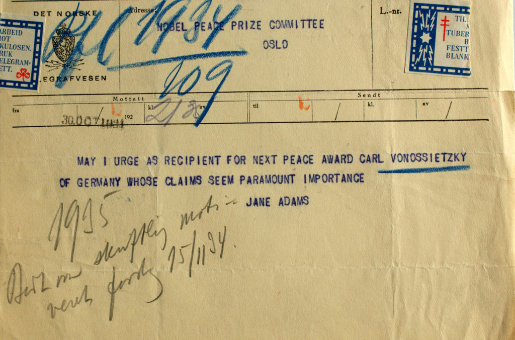 Jane Addams nomination for Carl von Ossietzky